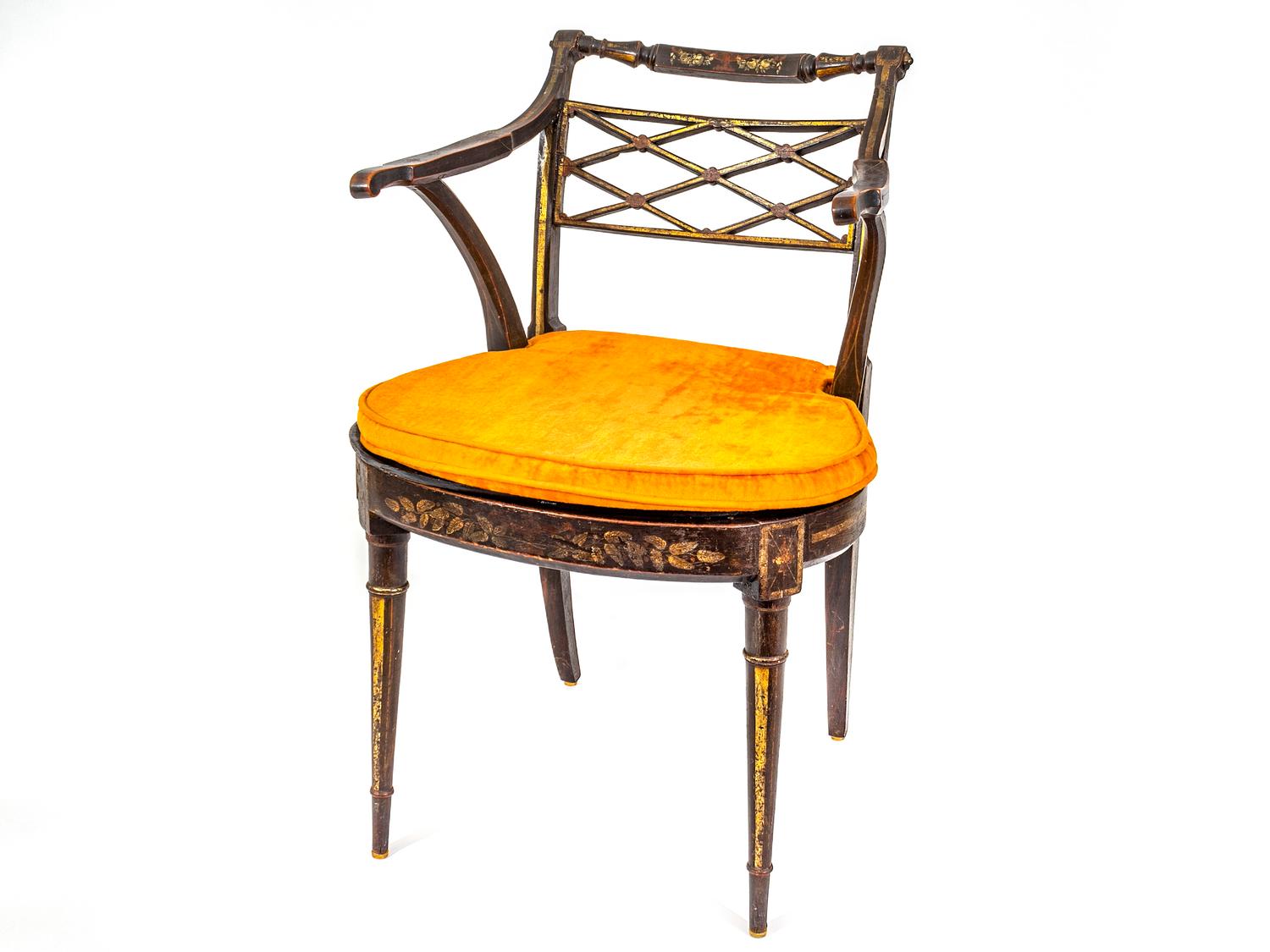 A Regency Style Ebonized Polychrome and Gilt Decorated Open Arm Chair — 19TH CENTURY