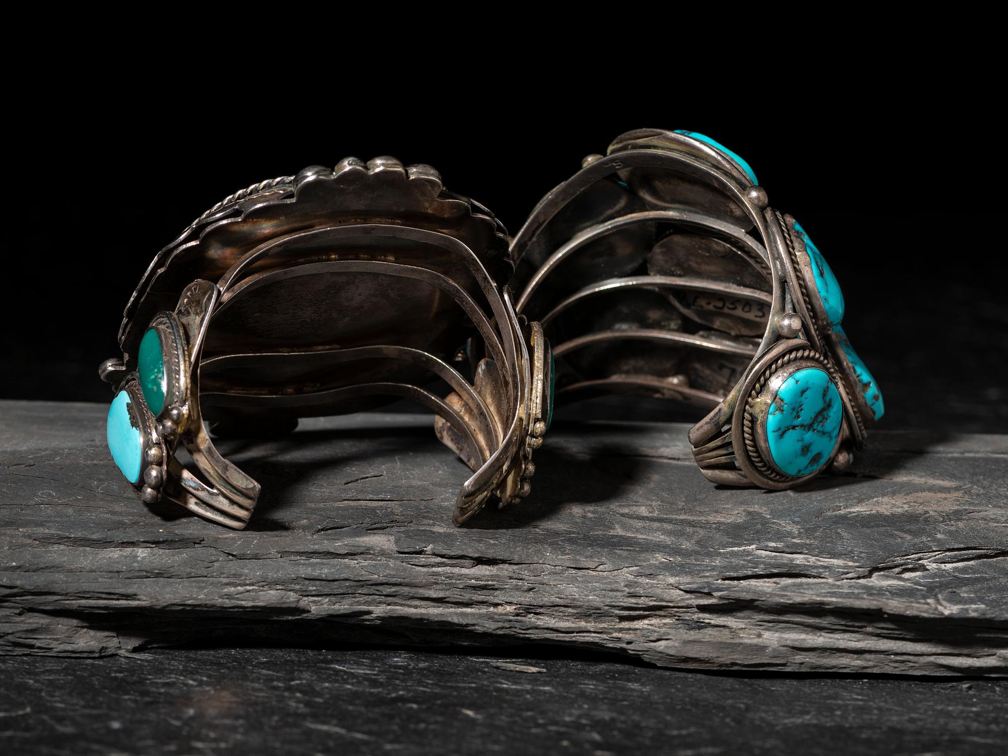 Large Navajo Silver and Turquoise Cuff Bracelets
