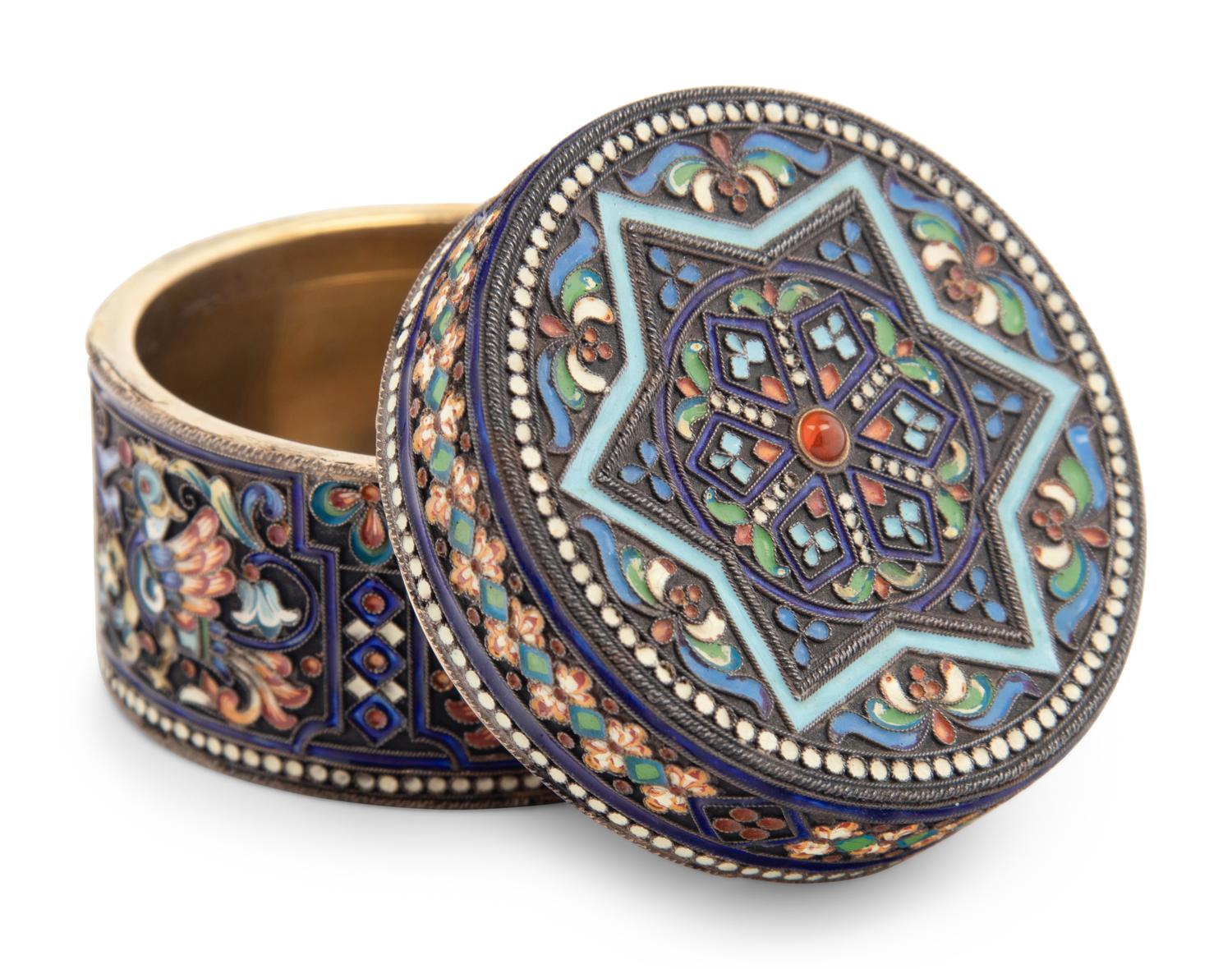 A Russian Enameled Silver Box, Two Buckles and a Scent Flask