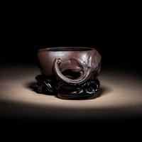 A Rare Yixing 'Eggplant' Coupe with Impressed Seal 'Yuan' and Wood Stand 陳鳴遠款秋茄水注