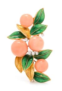 An 18 Karat Yellow Gold, Coral, Diamond and Enamel Foliate Motif Brooch, Italy, 21.00 dwts.