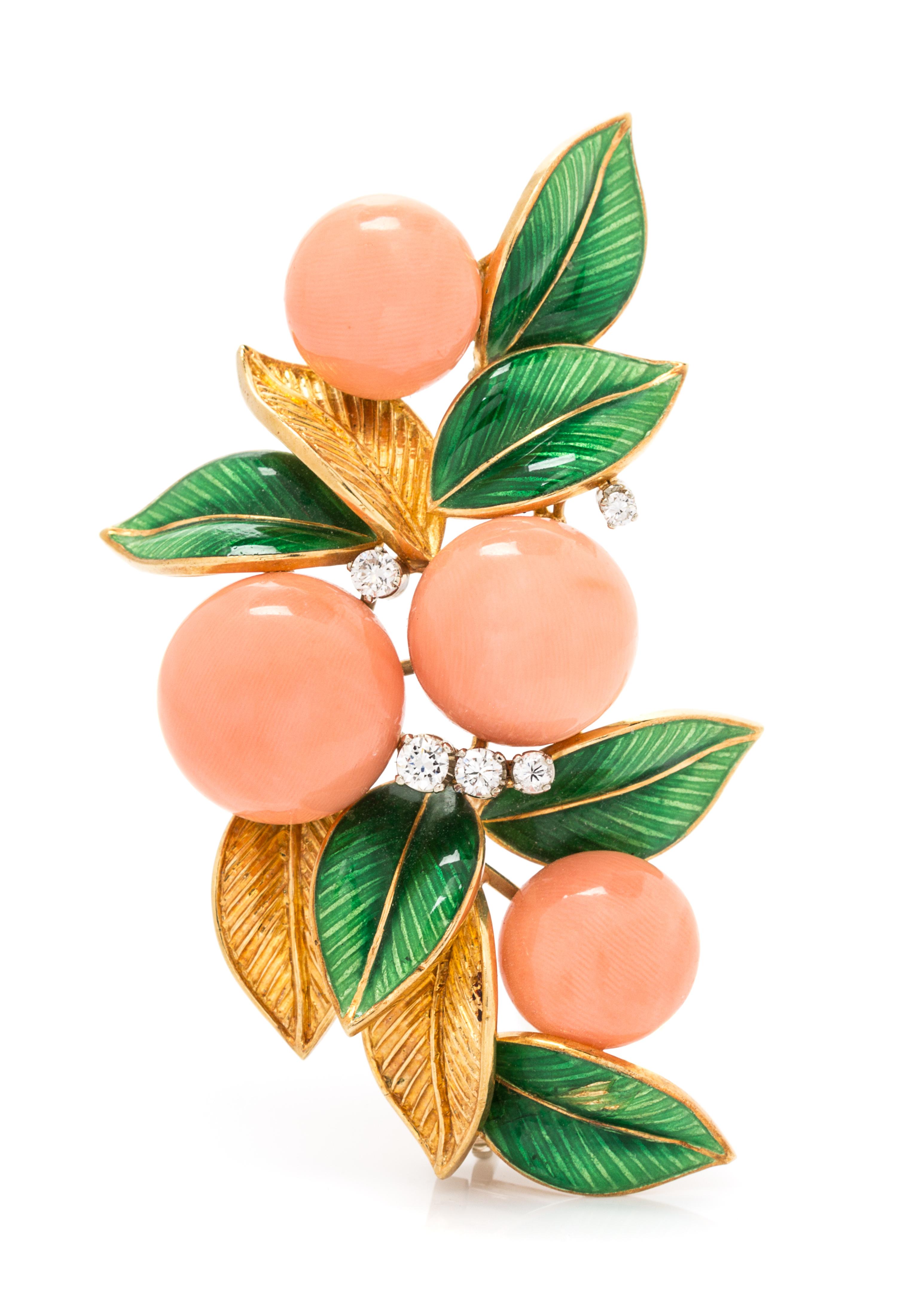 An 18 Karat Yellow Gold, Coral, Diamond and Enamel Foliate Motif Brooch, Italy, 21.00 dwts.
