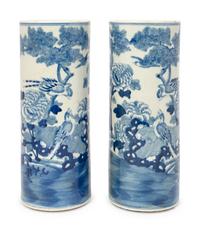 A Pair of Chinese Blue and White Porcelain Cylindrical Vases