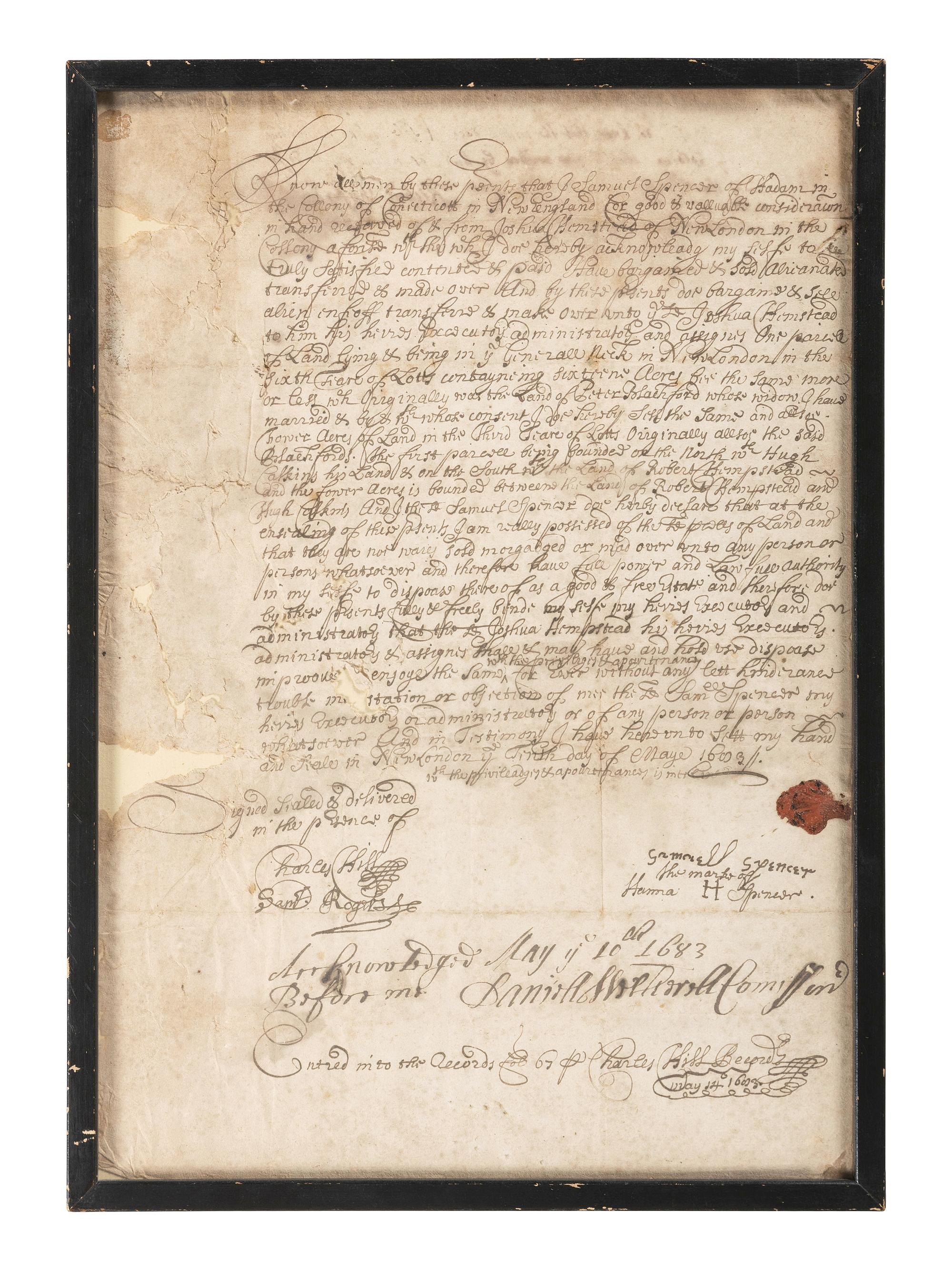 [CONNECTICUT]. Land deed for New London, Connecticut, 12 May 1683.