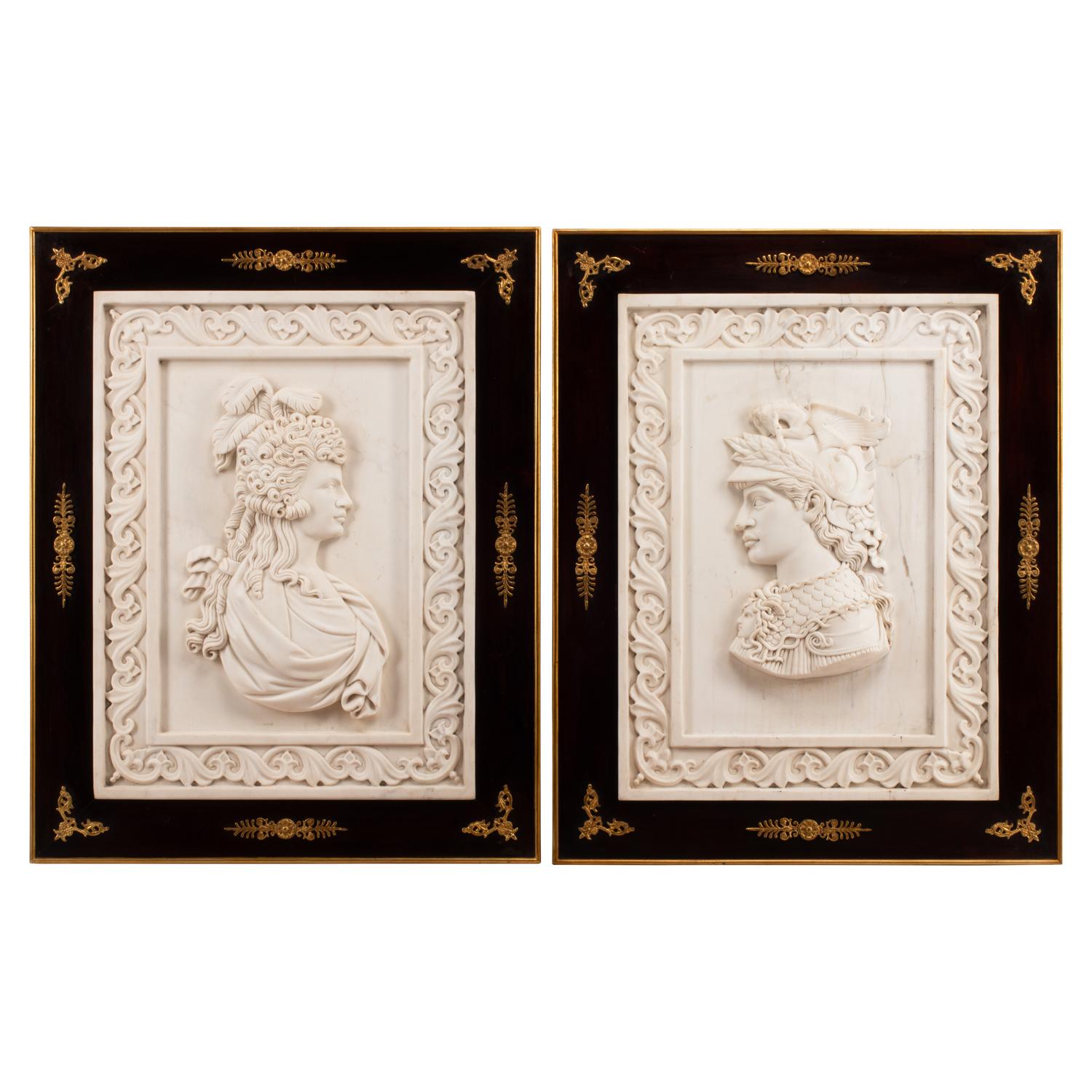 A Pair of Italian Marble and Bronze Mounted Profile Plaques