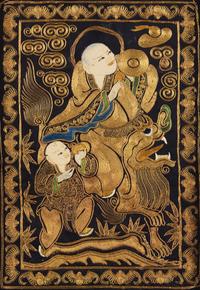 A Set of Four Chinese "Luohan" Needlework Panels, Guangxu Period 清光緒 金絲繡羅漢圖一組四件
