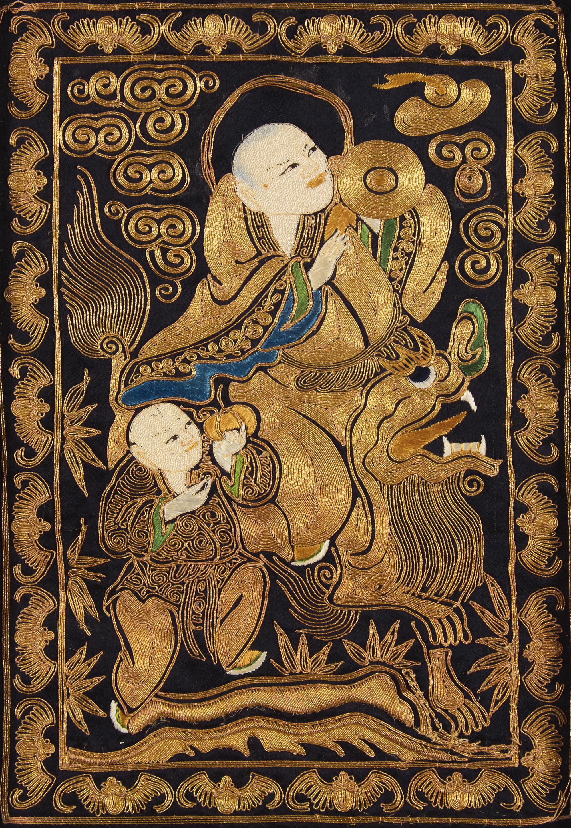 A Set of Four Chinese "Luohan" Needlework Panels, Guangxu Period 清光緒 金絲繡羅漢圖一組四件