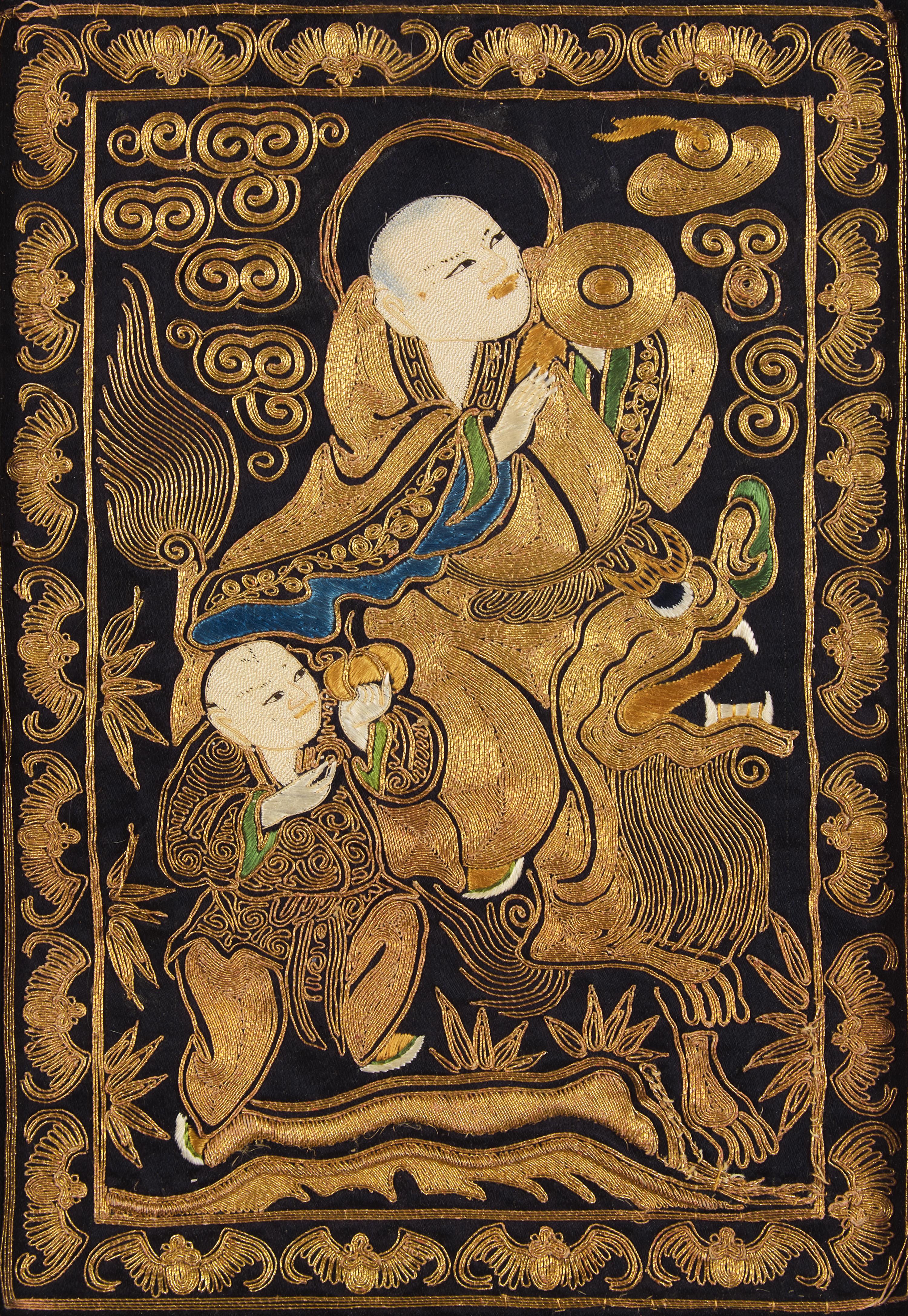 A Set of Four Chinese "Luohan" Needlework Panels, Guangxu Period 清光緒 金絲繡羅漢圖一組四件