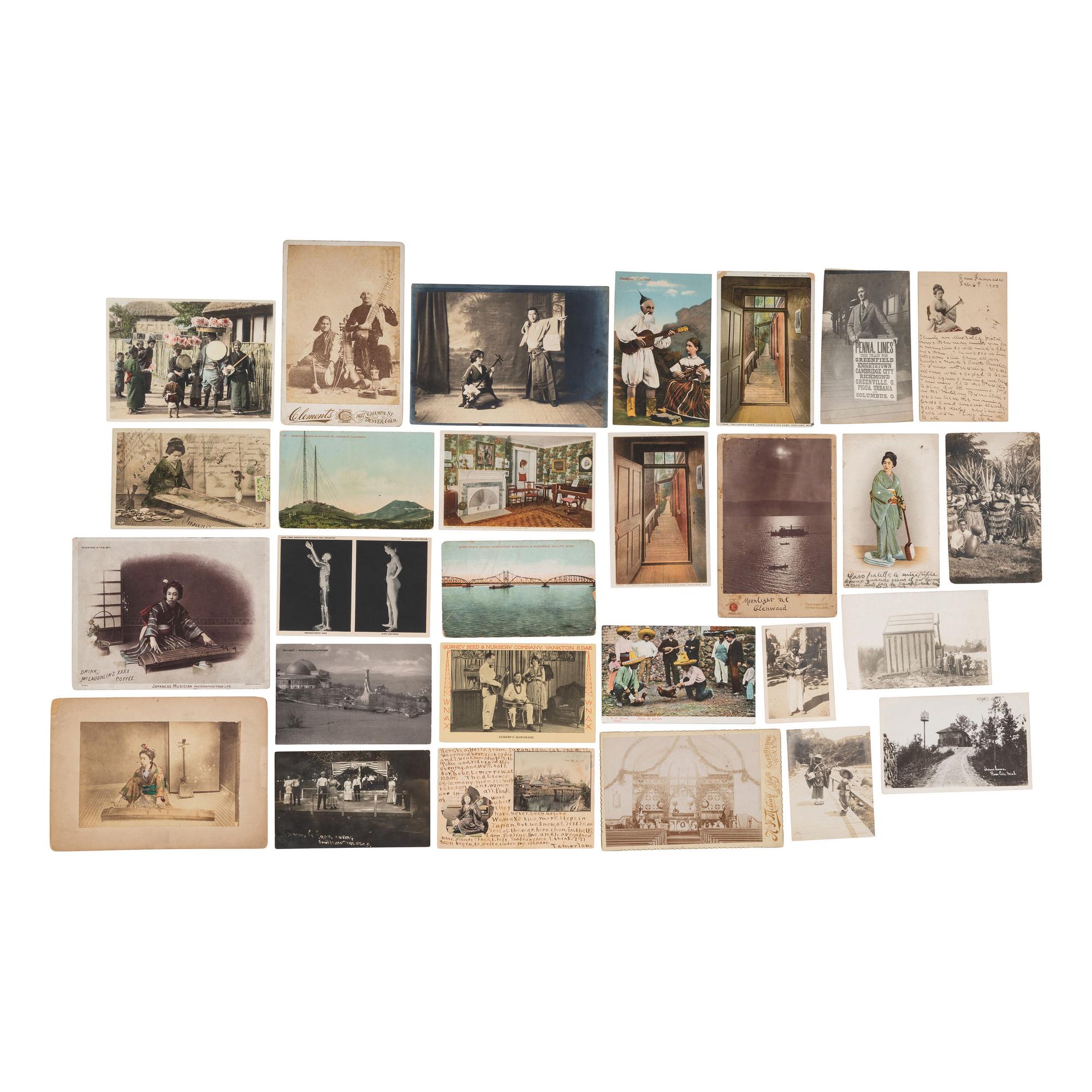 [EARLY PHOTOGRAPHY - MUSIC & CULTURE]. A collection of 50+ images featuring foreign and domestic travel scenes and foreign subjects with musical instruments, including: