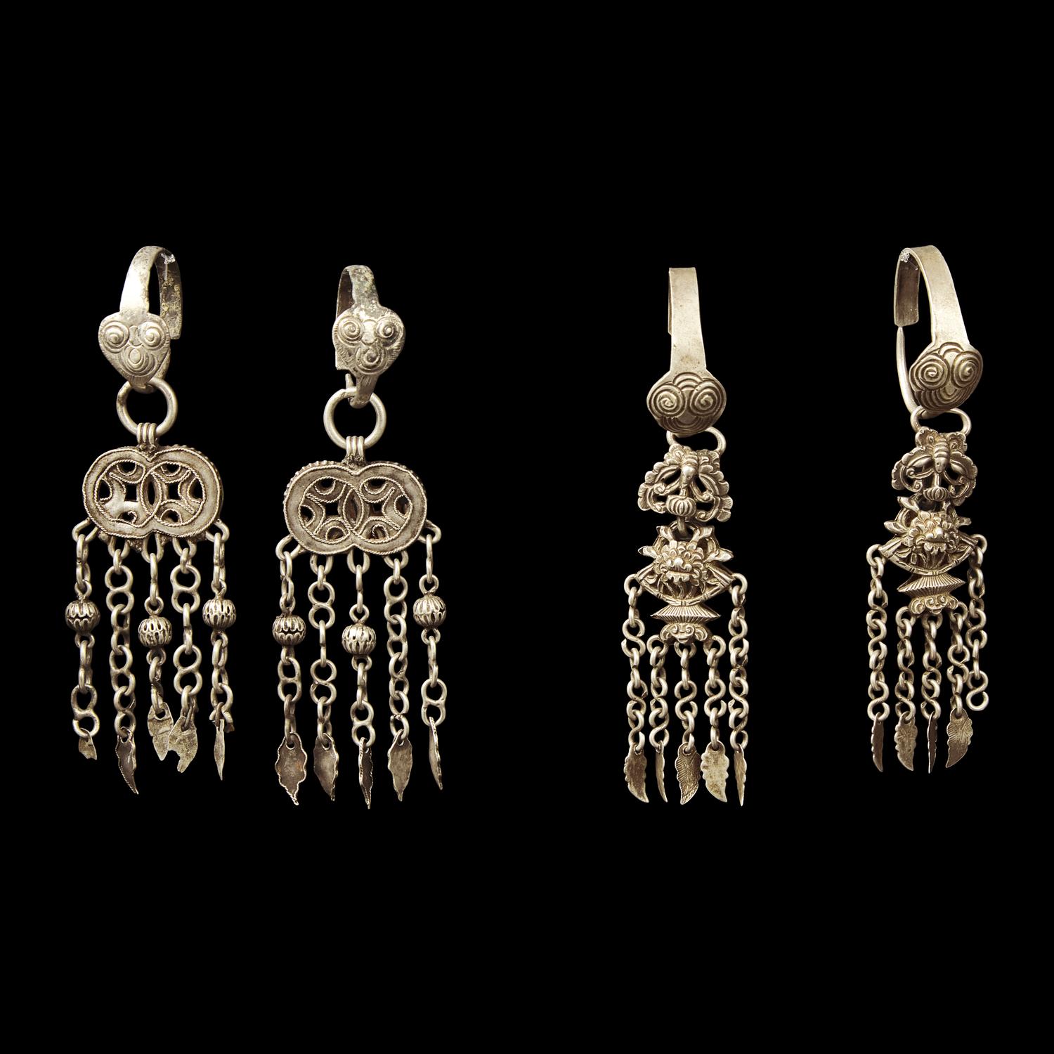 Eight Pairs of Chinese Silver Earrings, Qing Dynasty 清 銀耳環八對