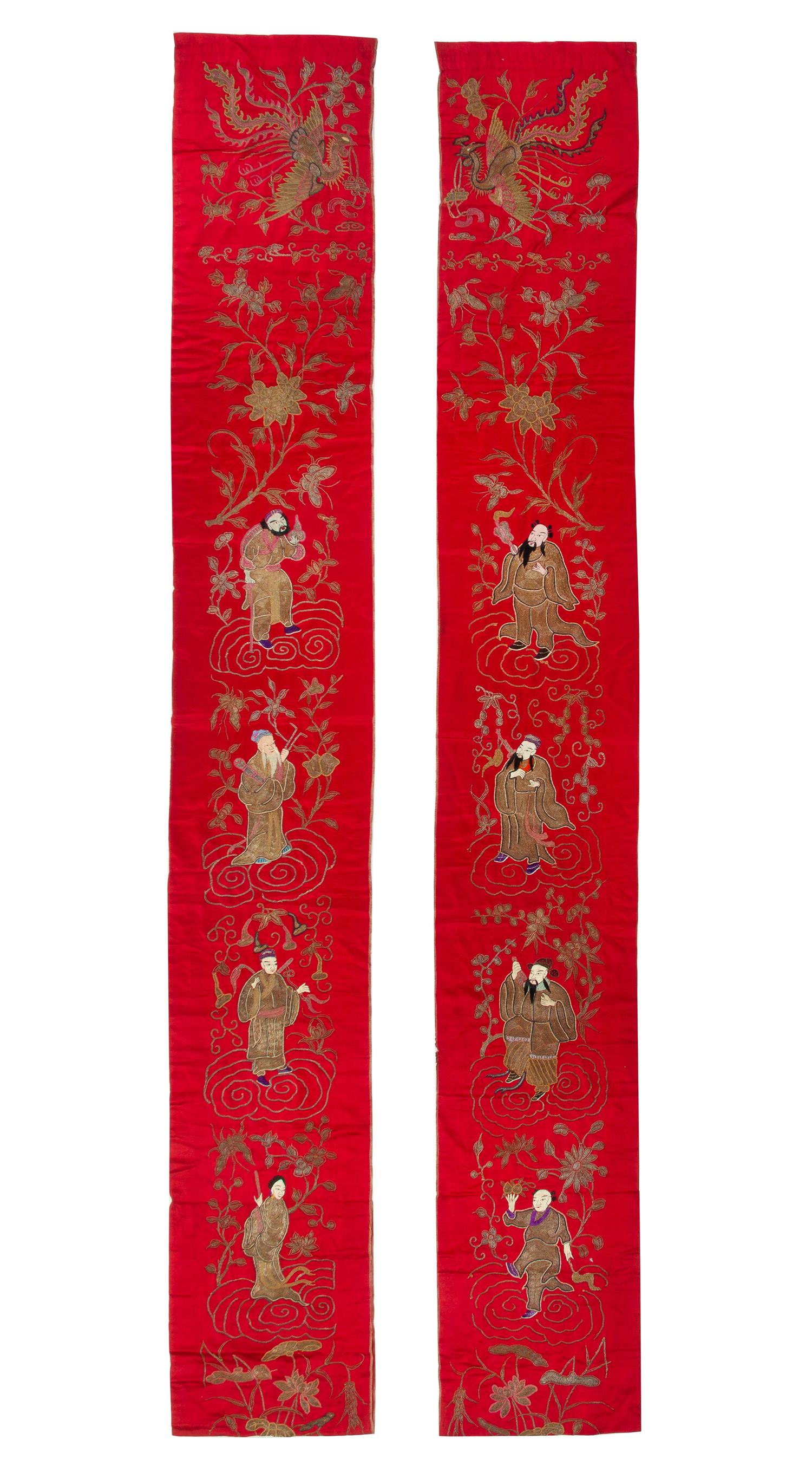 A Pair of Chinese Embroidered Silk Opera Panels