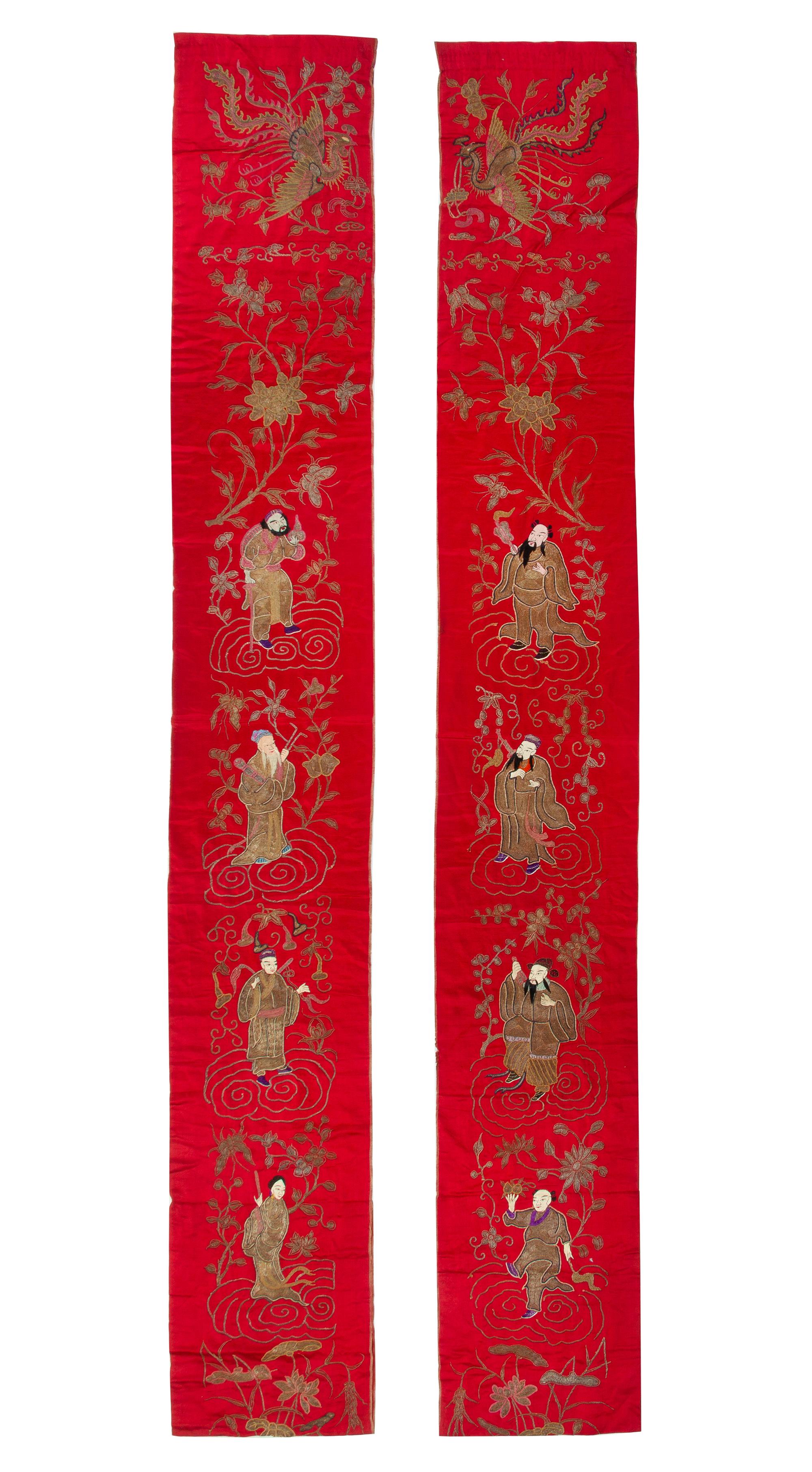 A Pair of Chinese Embroidered Silk Opera Panels