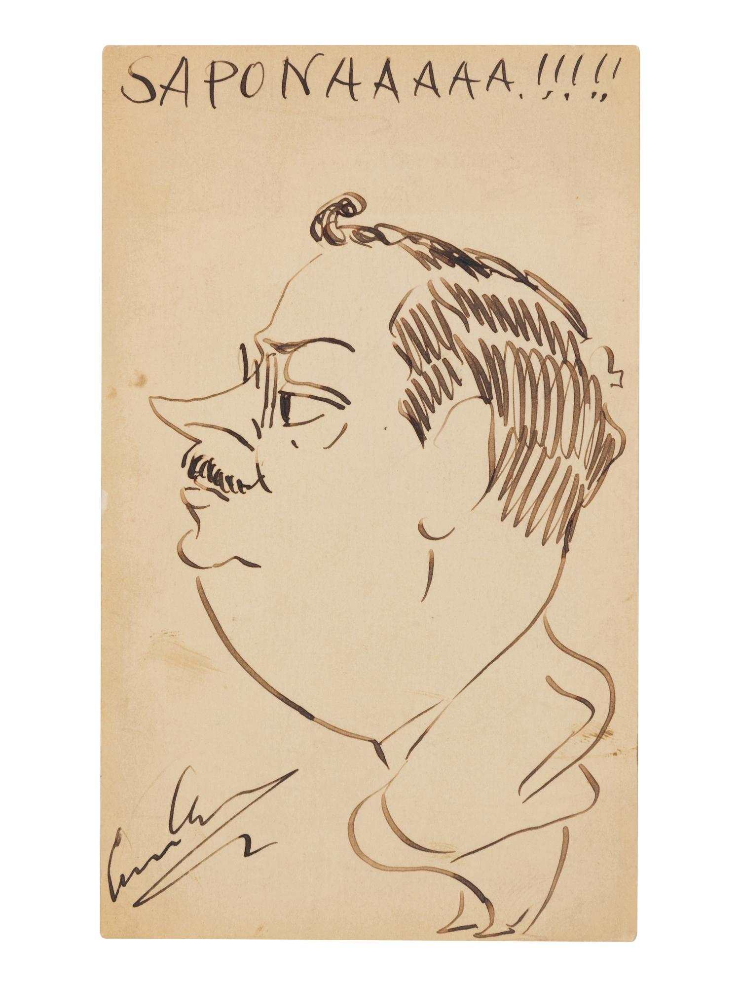 CARUSO, Enrico (1873-1921). Original drawing, self portrait profile caricature, in pen and ink, signed lower left ("Enrico Caruso").