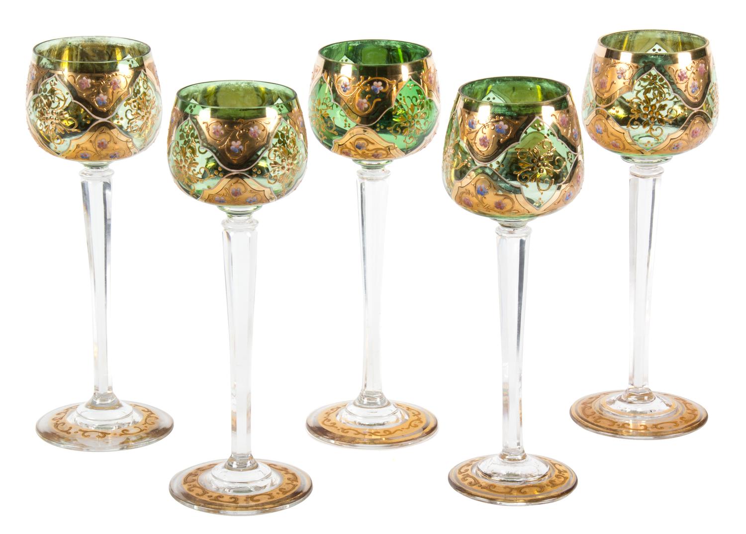 A Group of Five Bohemian Gilt and Enamel Stemware Pieces Height 8 inches. — 20TH CENTURY