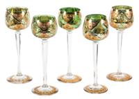 A Group of Five Bohemian Gilt and Enamel Stemware Pieces Height 8 inches. — 20TH CENTURY