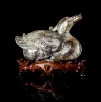 A Grey and Black Jade Figure of a Duck