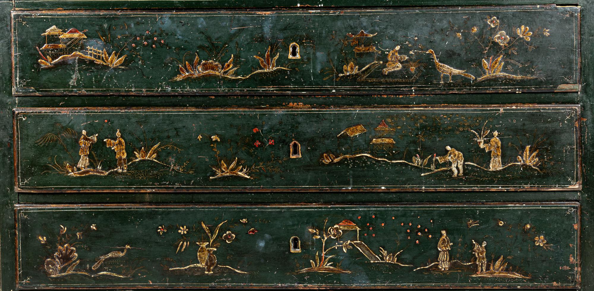 A North Italian Green Japanned Three-Drawer Commode