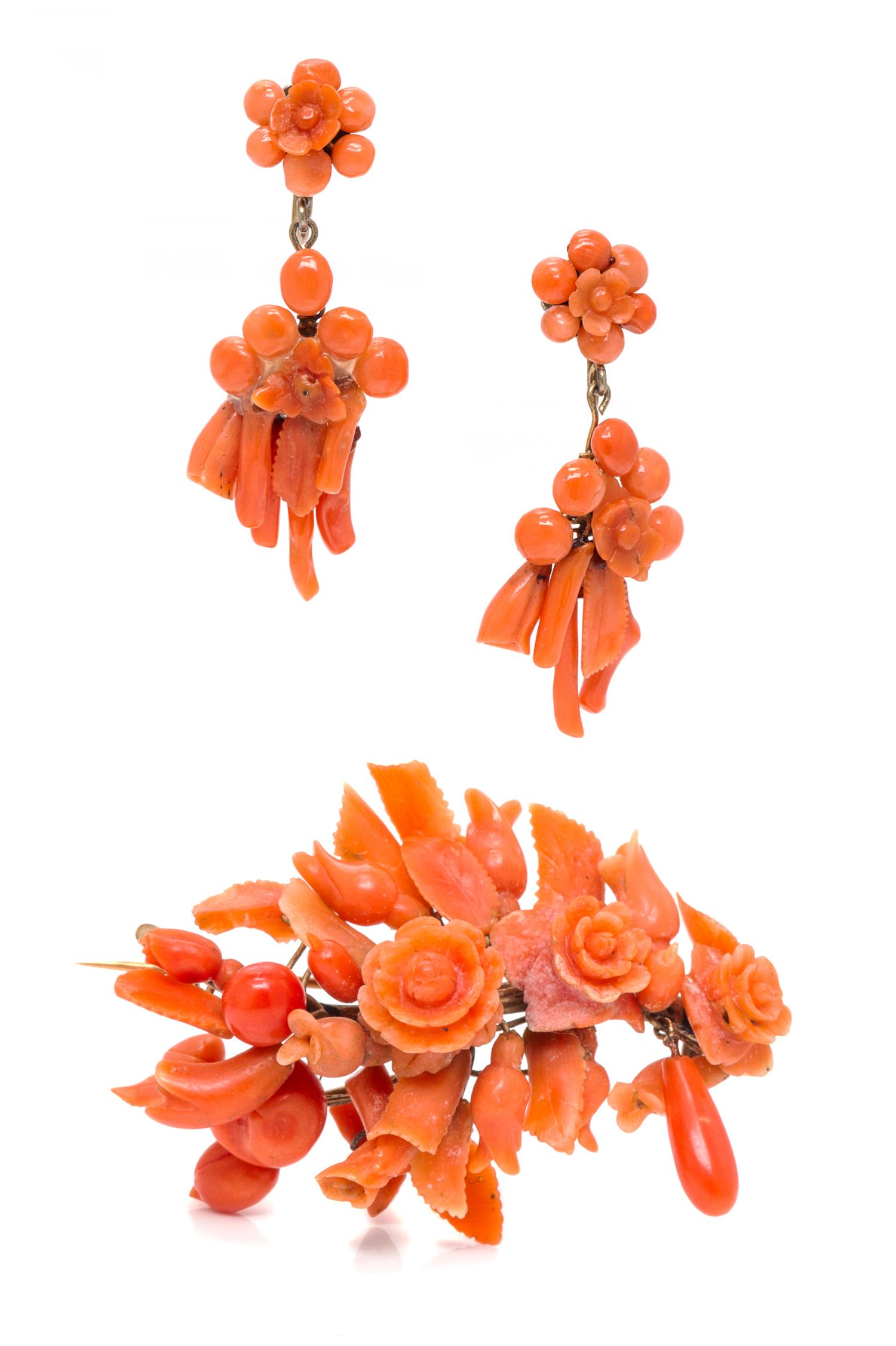 A Carved Coral Demi Parure, Circa Mid 19th Century, 13.40 dwts.