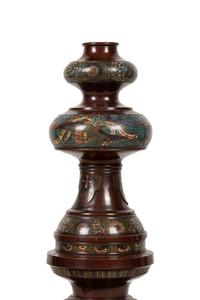 A Large Japanese Champlevé and Bronze Candle Holder