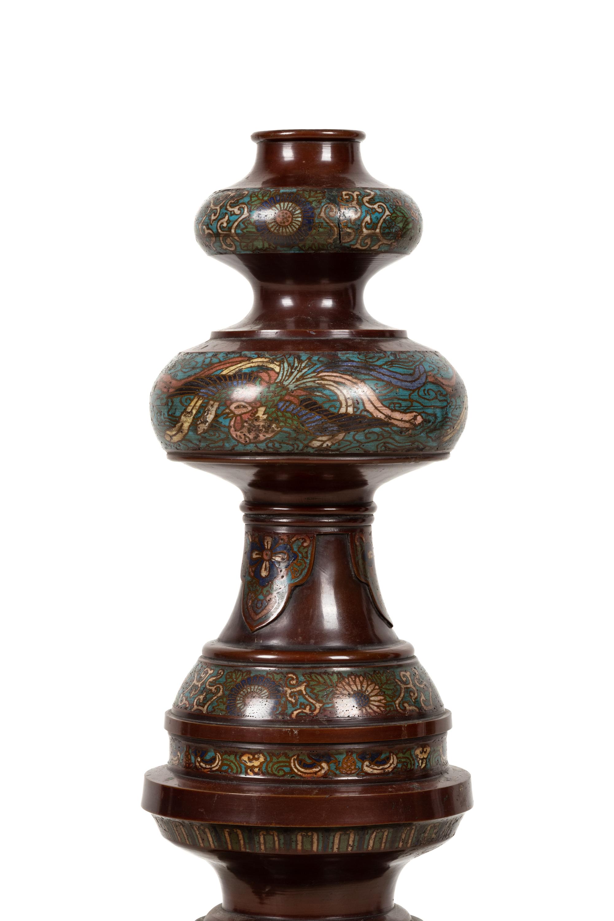 A Large Japanese Champlevé and Bronze Candle Holder