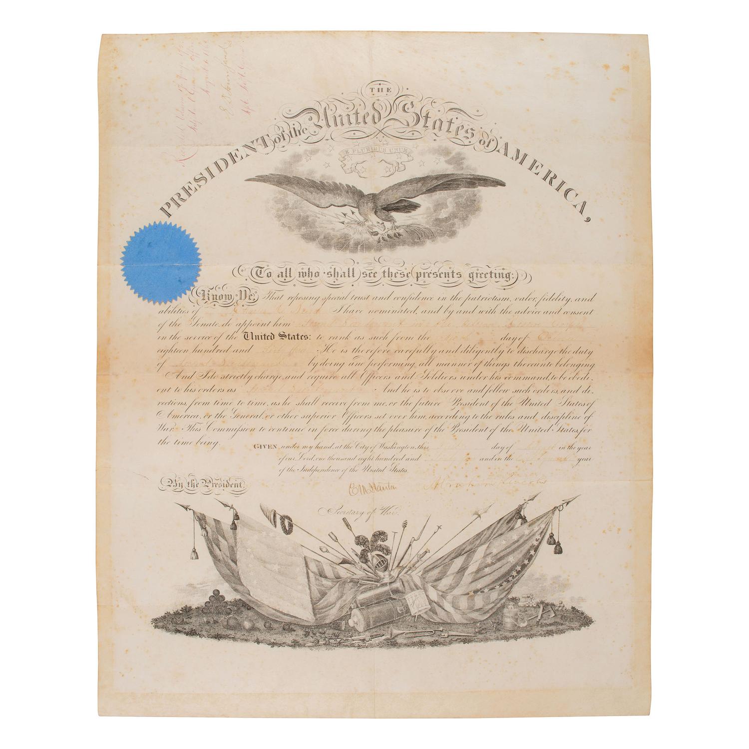 LINCOLN, Abraham (1809-1865). Partly printed appointment signed ("Abraham Lincoln") as President, for former Libby Prison POW Charles H. Burd. Washington, D.C., 1 August 1864. Countersigned by Edwin M. Stanton.