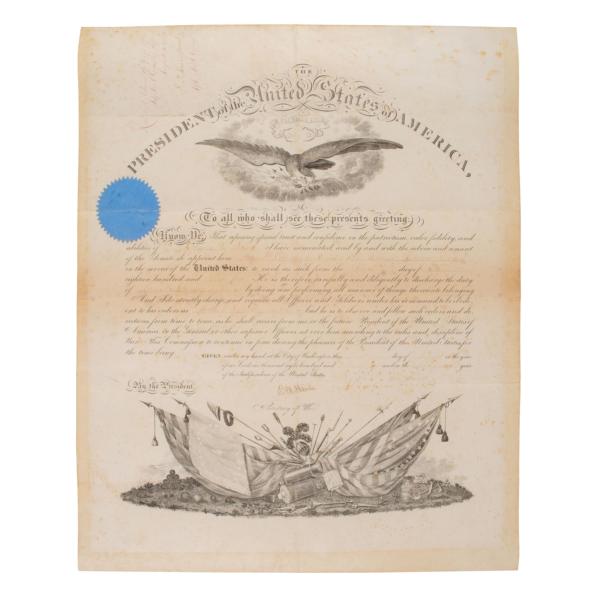 LINCOLN, Abraham (1809-1865). Partly printed appointment signed ("Abraham Lincoln") as President, for former Libby Prison POW Charles H. Burd. Washington, D.C., 1 August 1864. Countersigned by Edwin M. Stanton.