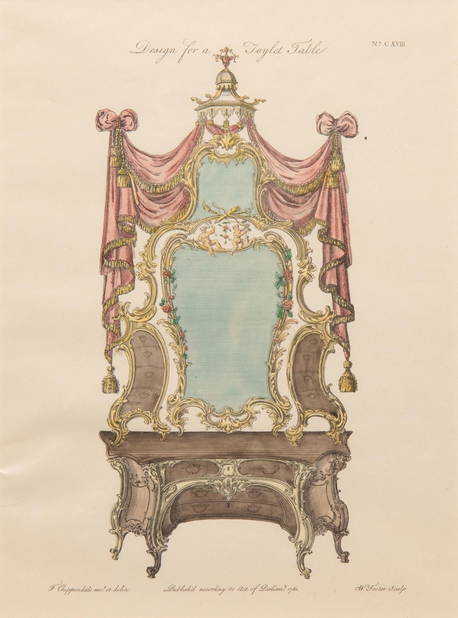 A Set of Eleven Giltwood-Framed French Colored Furniture Engravings