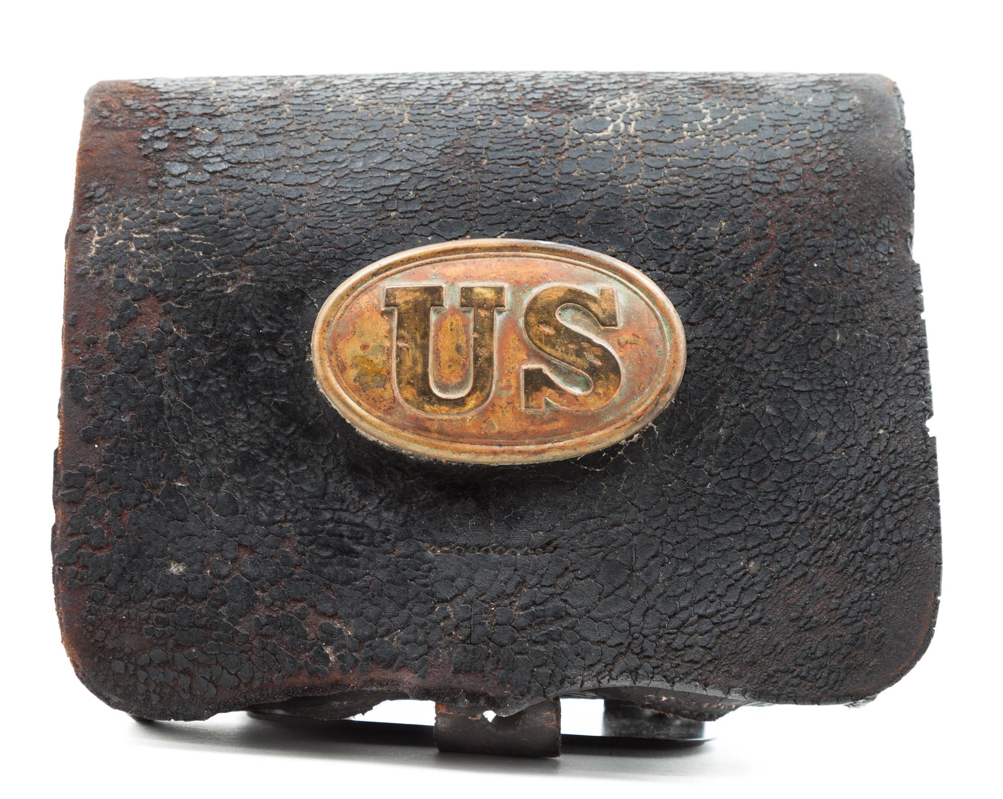 A Civil War Era Leather Cartridge Box Height 6 1/2 inches.