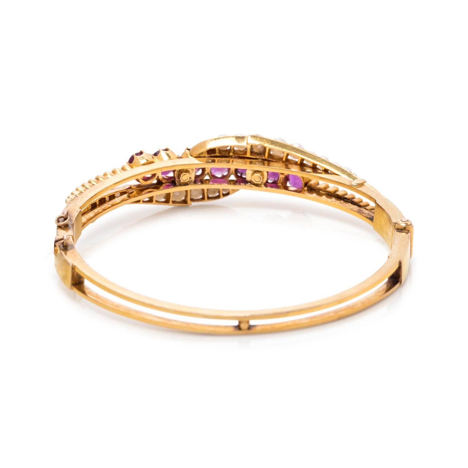 RUBY, GARNET AND CULTURED PEARL BANGLE BRACELET