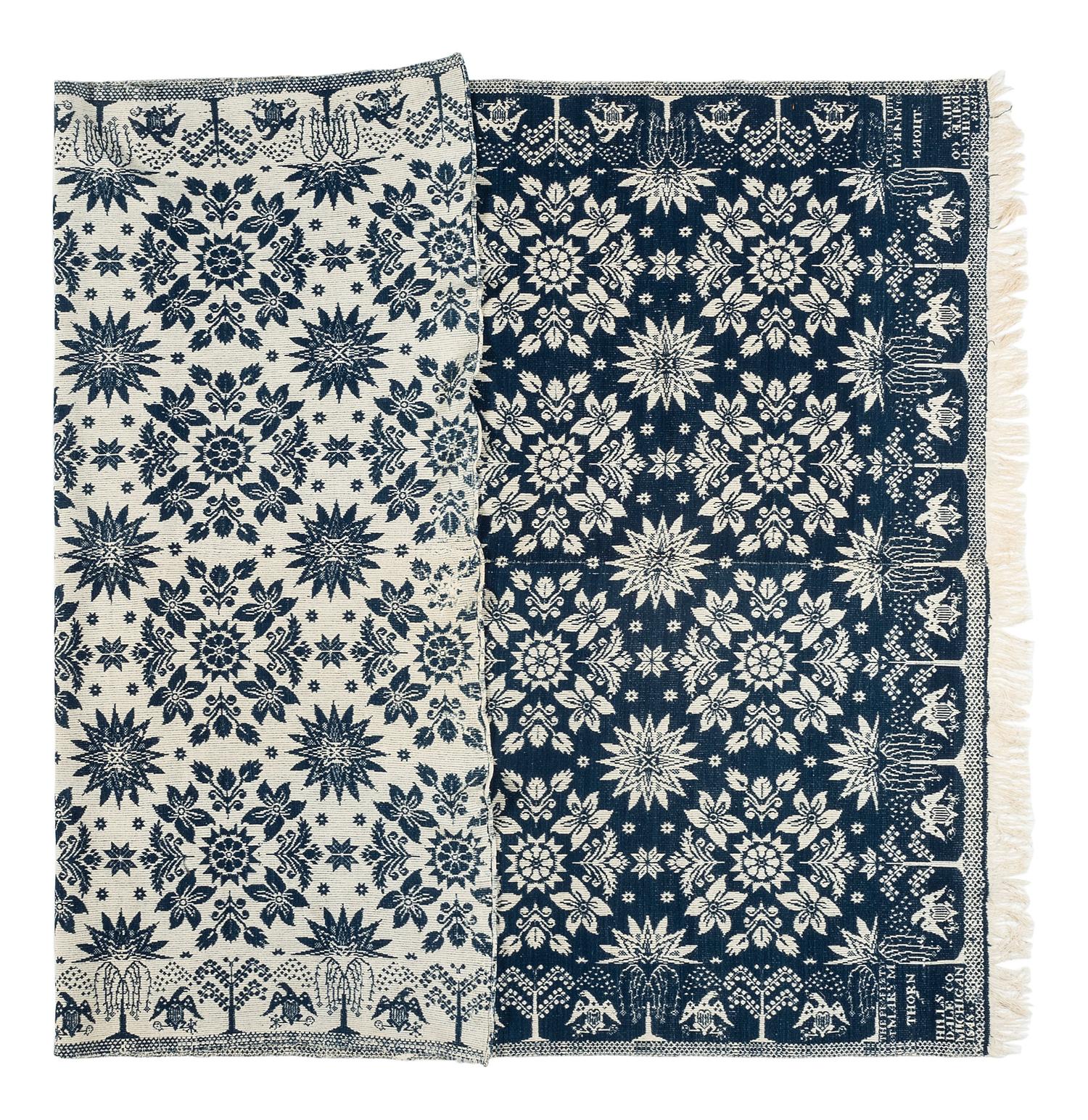 A Rare Blue and White Jacquard Pieced Coverlet, Made for Mary M. Thorn