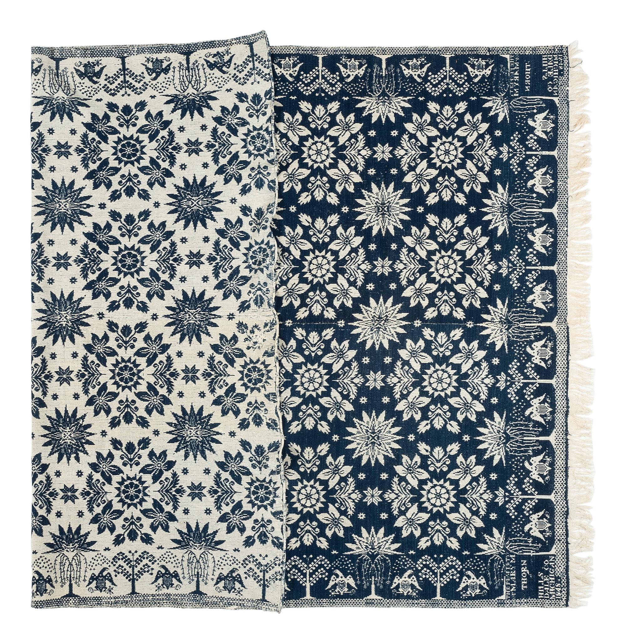 A Rare Blue and White Jacquard Pieced Coverlet, Made for Mary M. Thorn