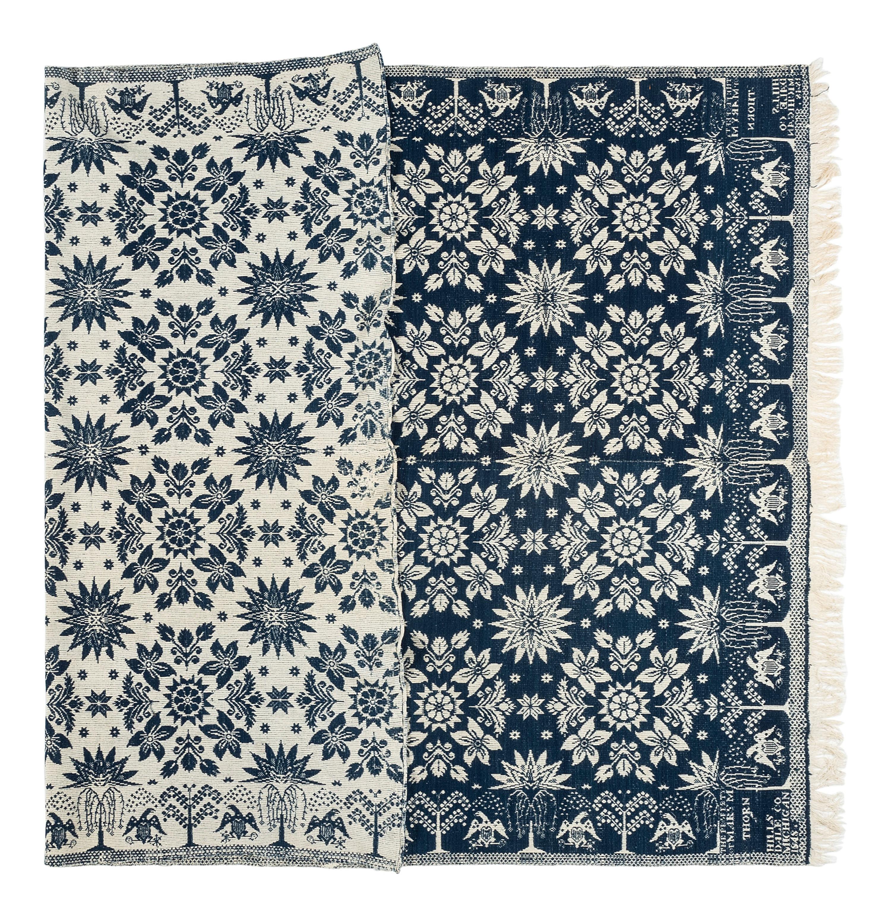 A Rare Blue and White Jacquard Pieced Coverlet, Made for Mary M. Thorn