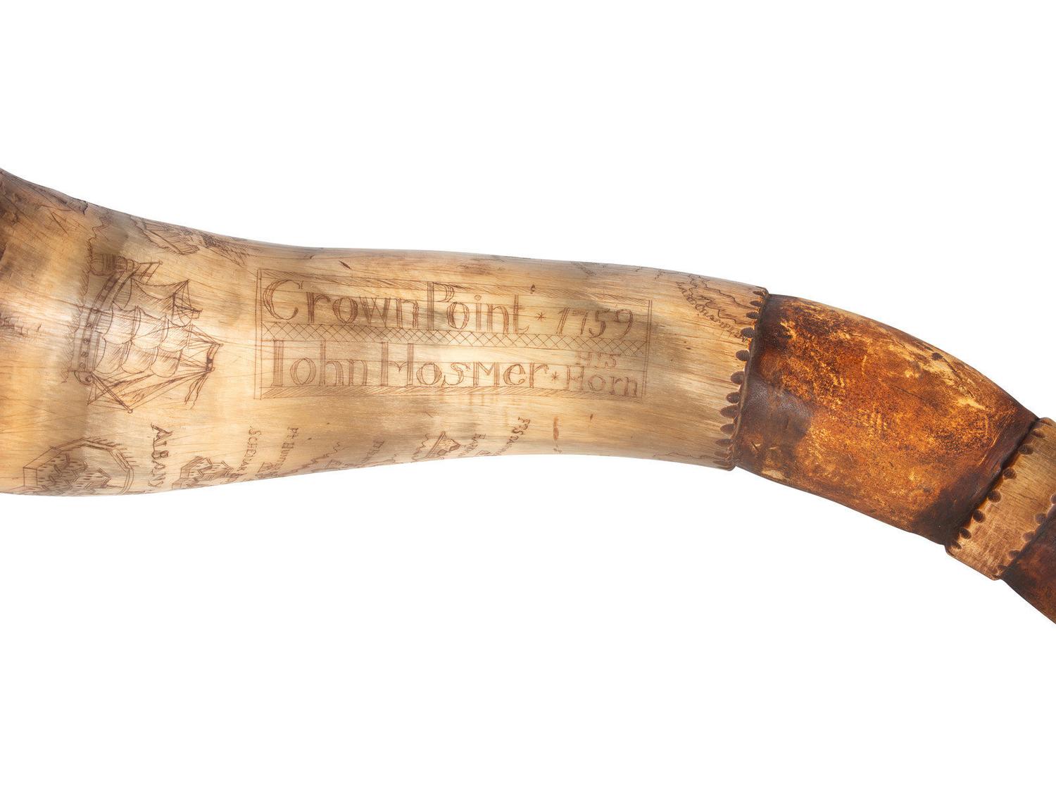 Contemporary French & Indian War Carved Map Powder Horn Named to John Hosmer at Crown Point in 1759.