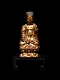 A Small Chinese Gilt Lacquered Wood Figure of Buddha Shakyamuni