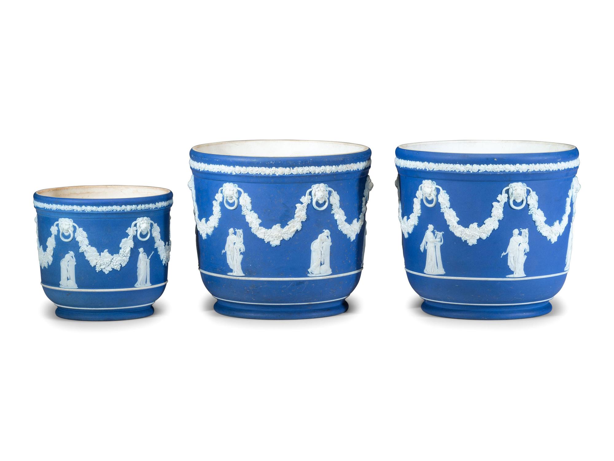 Three Wedgwood Blue Jasperware Jardinieres