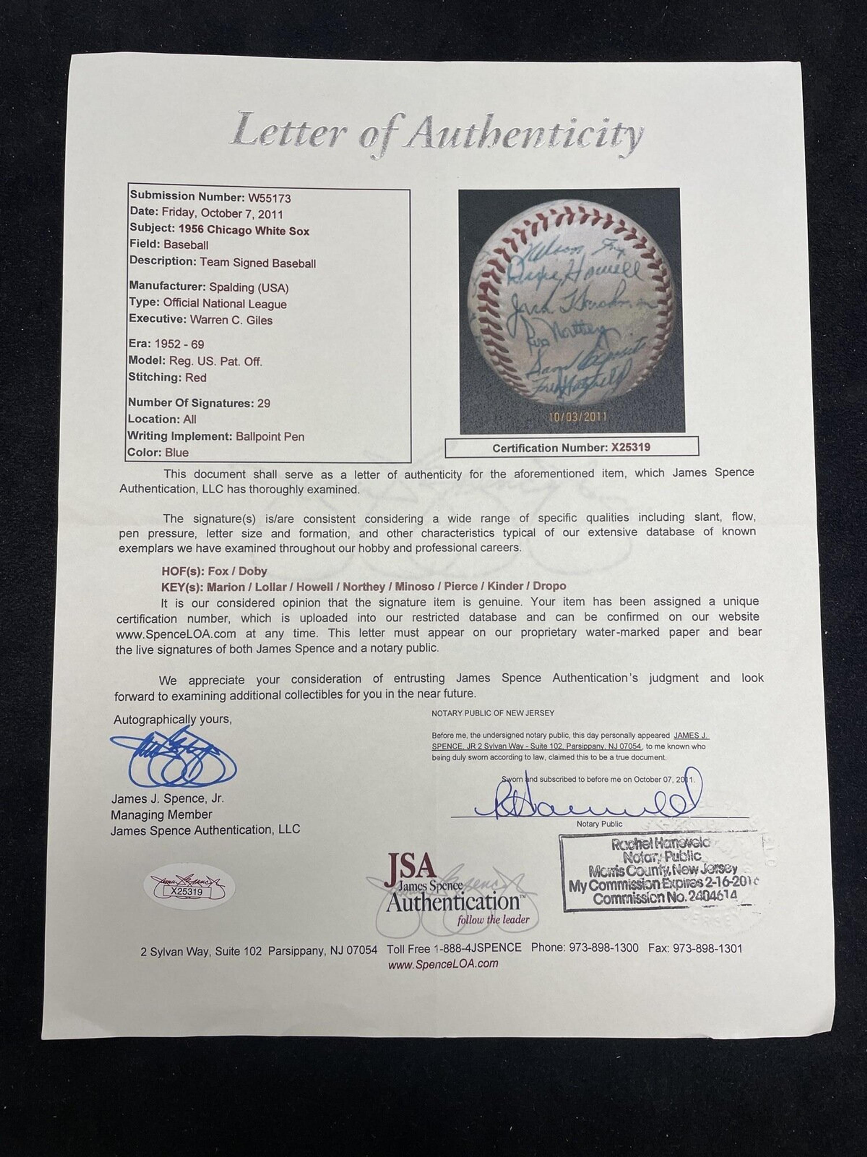 A 1956 Chicago White Sox Team Signed Autograph Baseball Featuring Nellie Fox (JSA Letter of Authenticity),