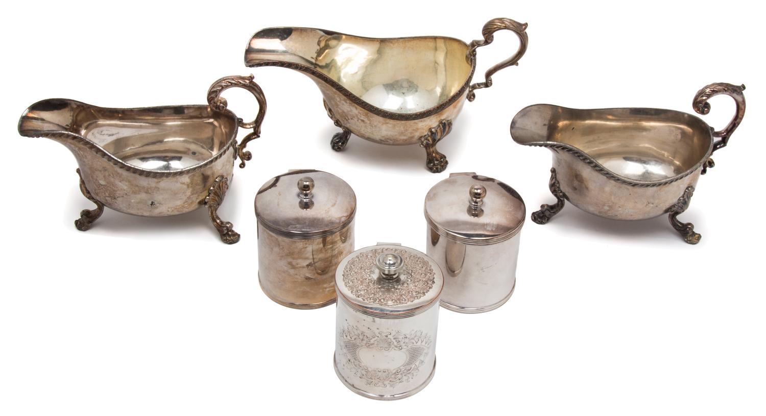 A Collection of Six Silverplate Articles, , comprising three Georgian style sauce boats, three jars with hinged lids.