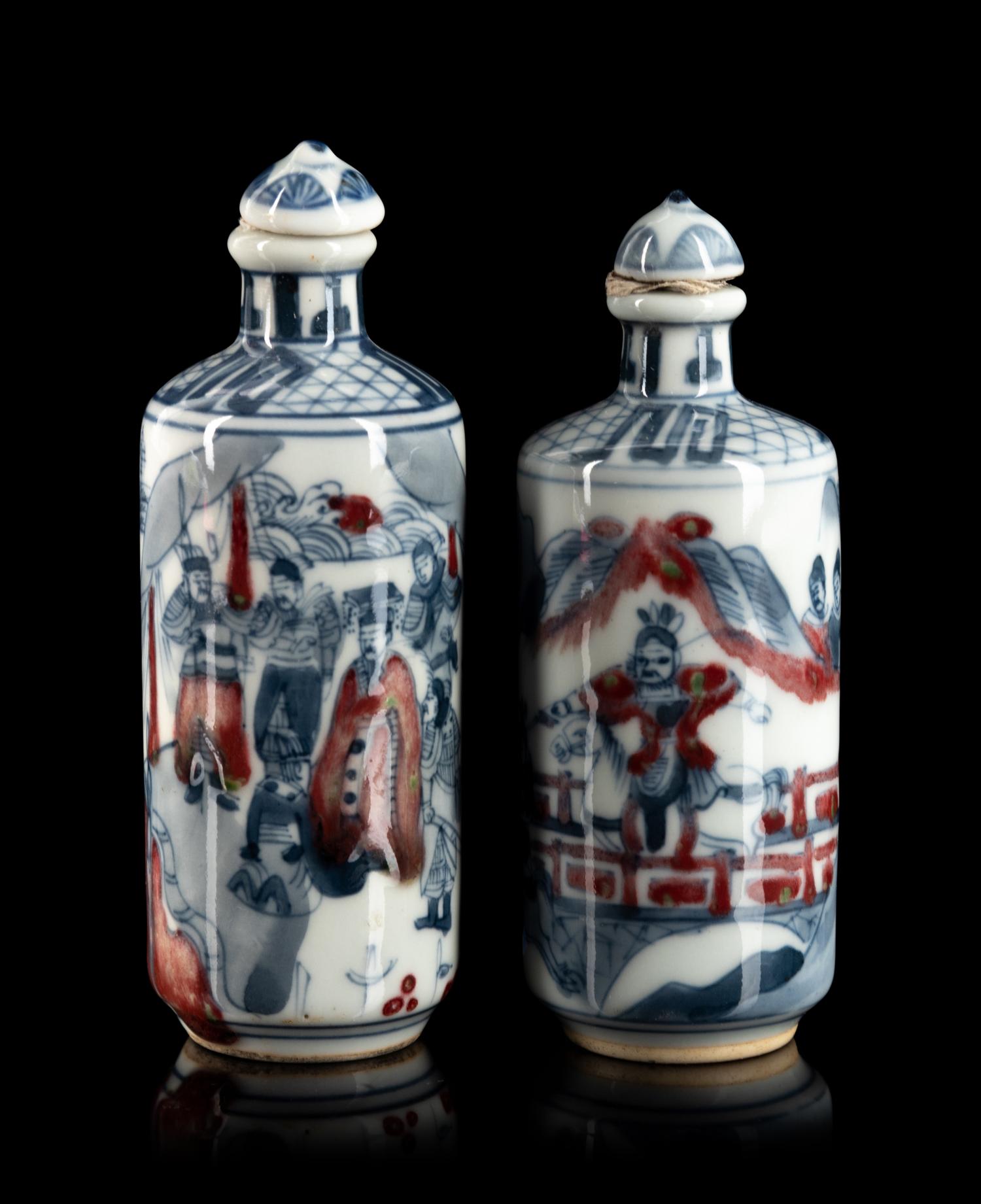 A Pair of Chinese Copper Red and Underglaze Blue Porcelain Snuff Bottles