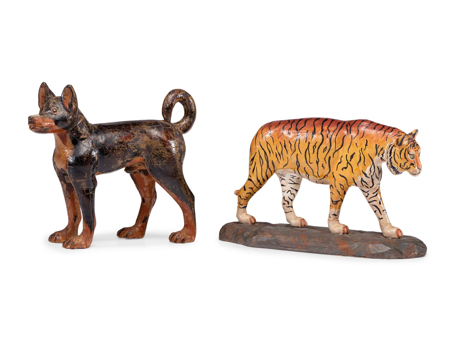 A Folk Art Carved and Painted Wood Dog and Tiger