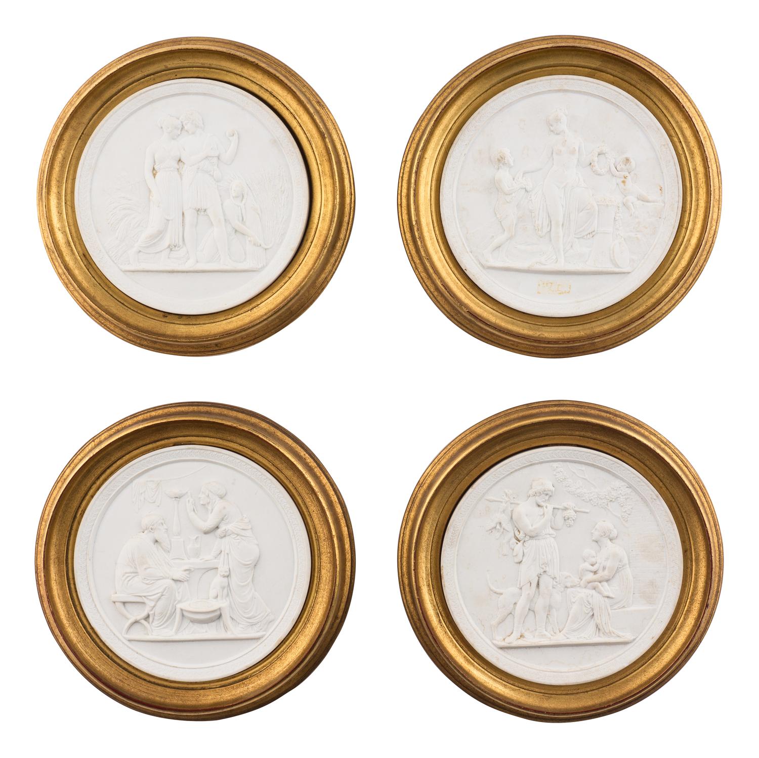 Four Framed Biscuit Porcelain Plaques Depicting the Four Ages of Man After Bertel Thorvaldsen