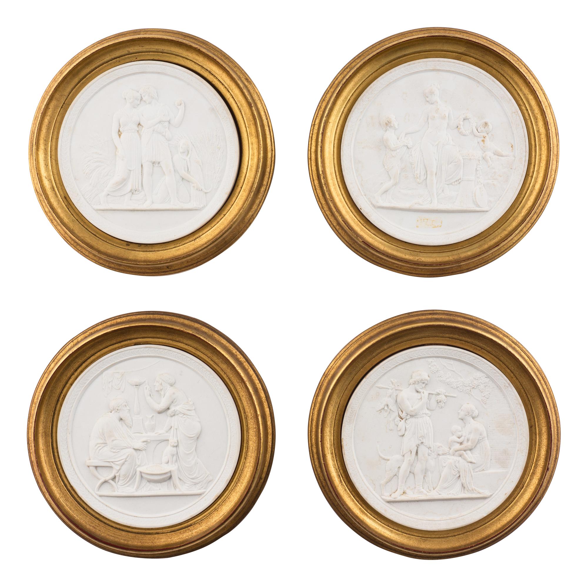 Four Framed Biscuit Porcelain Plaques Depicting the Four Ages of Man After Bertel Thorvaldsen