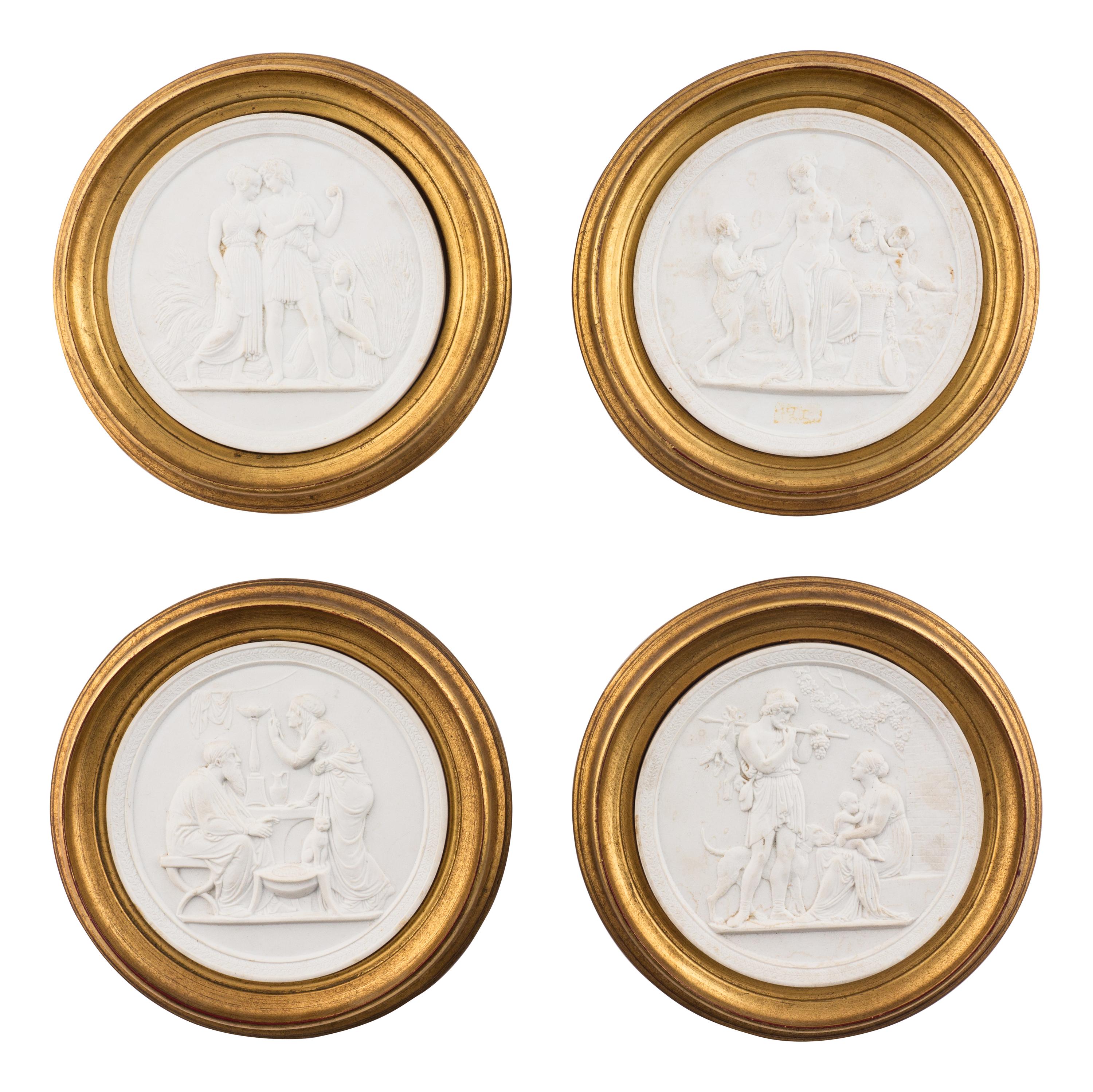 Four Framed Biscuit Porcelain Plaques Depicting the Four Ages of Man After Bertel Thorvaldsen