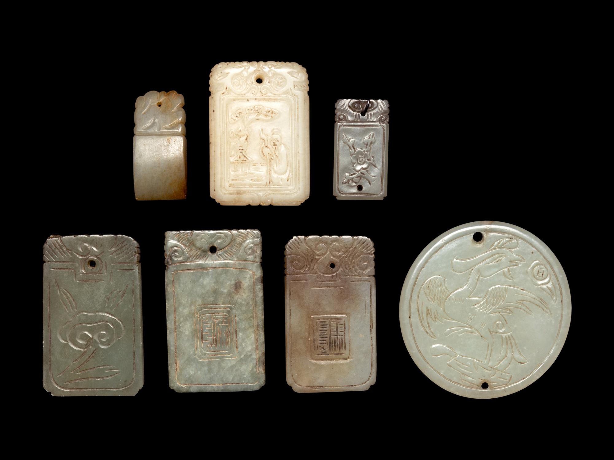 Seven Chinese White and Celadon Jade Carved Plaques