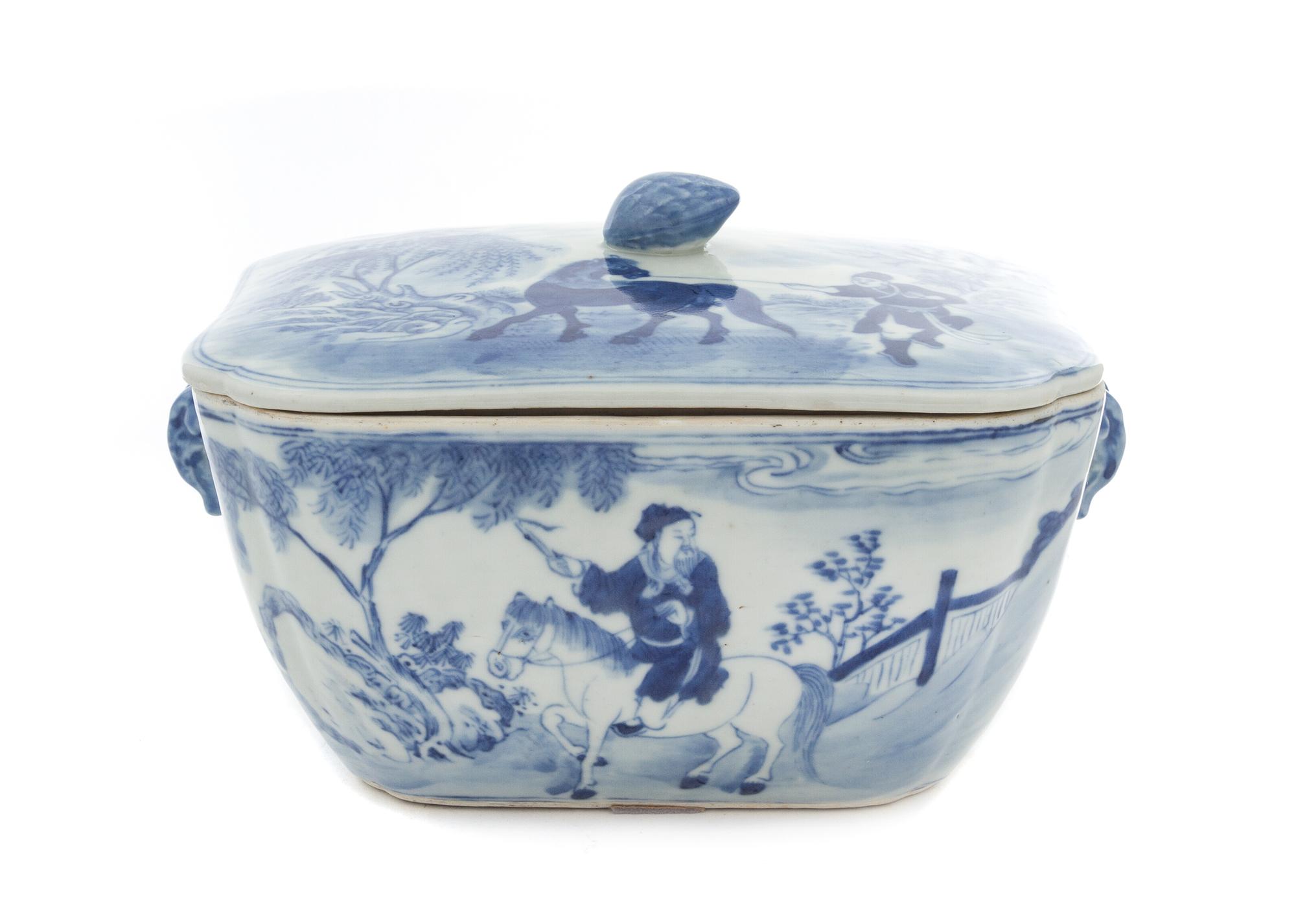 A Blue and White Porcelain Bowl and Cover LIKELY DAOGUANG PERIOD Height 6 1/2 x width 10 1/2 x depth 7 3/8 inches — LIKELY DAOGUANG PERIOD