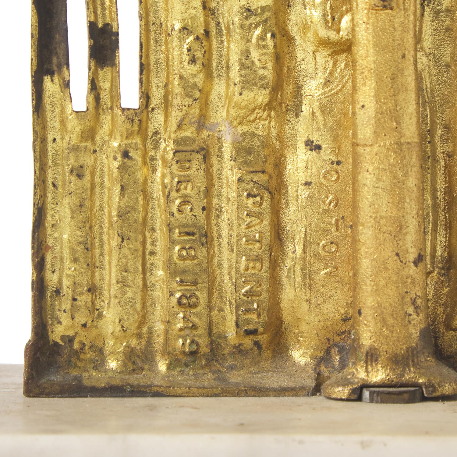 A Three-Piece Cast Brass, Marble, and Glass Girandole Garniture Depicting Bigelow Chapel at Mount Auburn Cemetery, Cambridge, Massachusetts