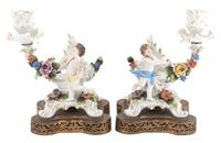 A Pair of Meissen Porcelain Candlesticks Height 8 inches.