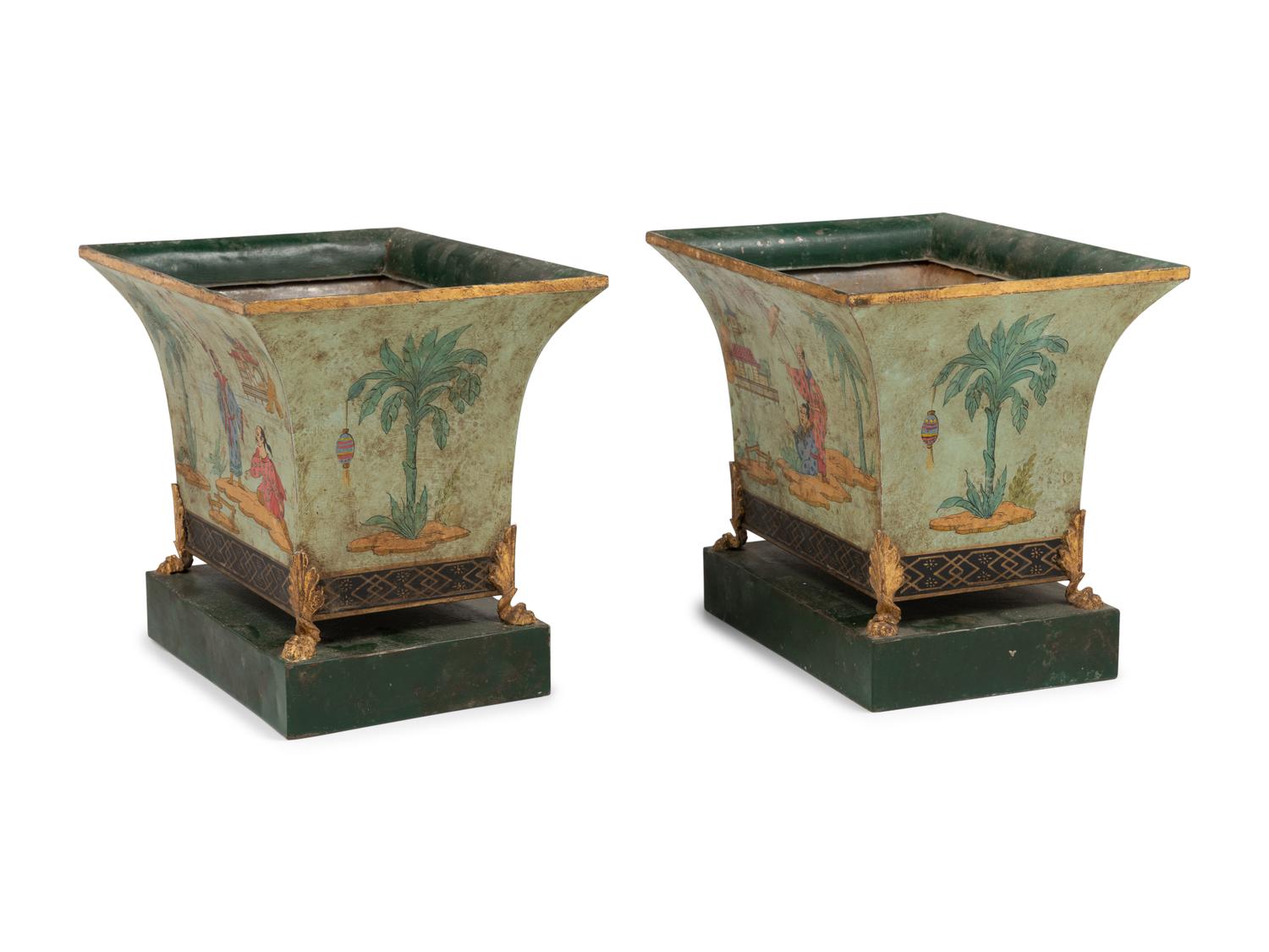 A Pair of Chinoiserie Decorated Tôle Jardinières