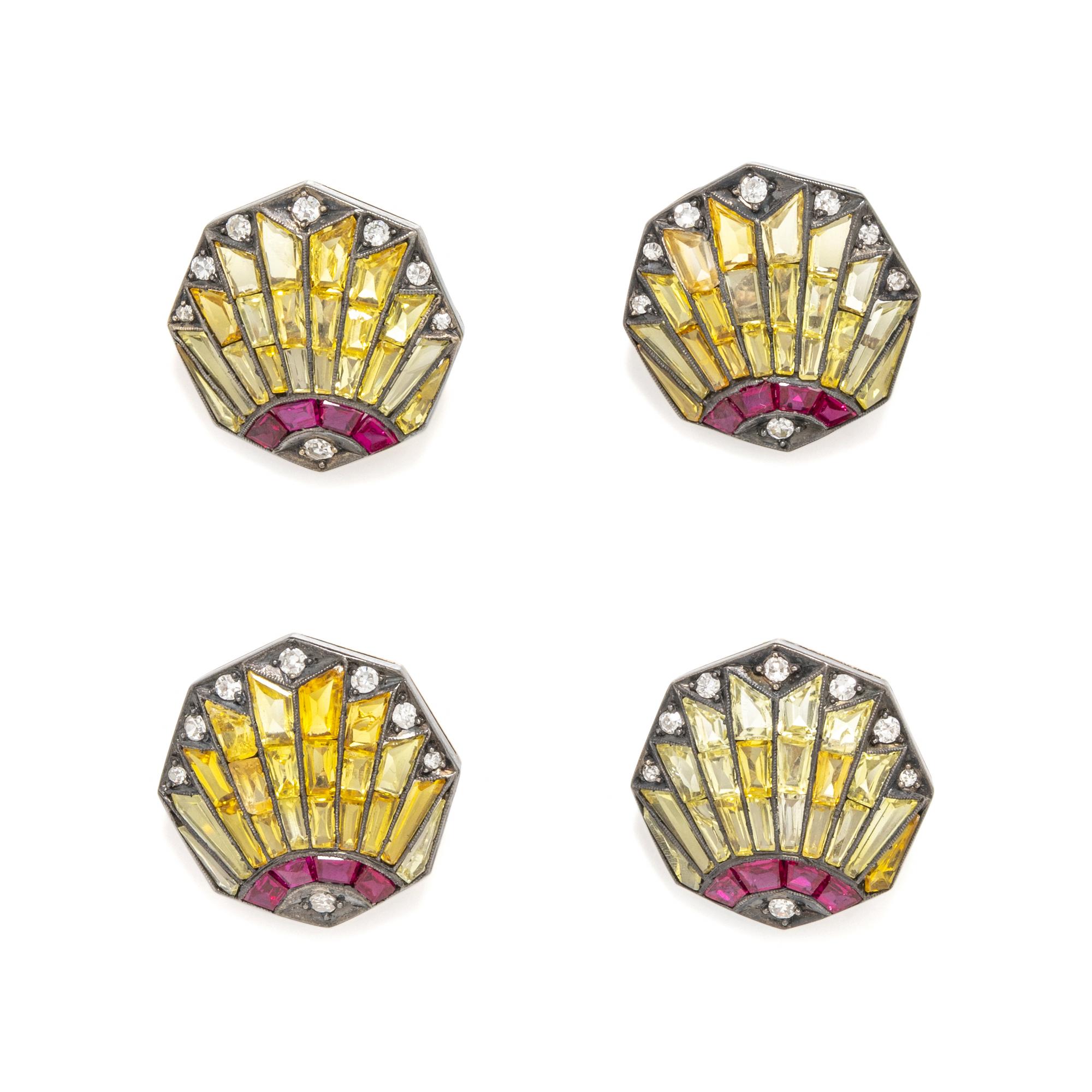 ANTIQUE, DIAMOND, SYNTHETIC YELLOW SAPPHIRE AND RUBY BUTTONS