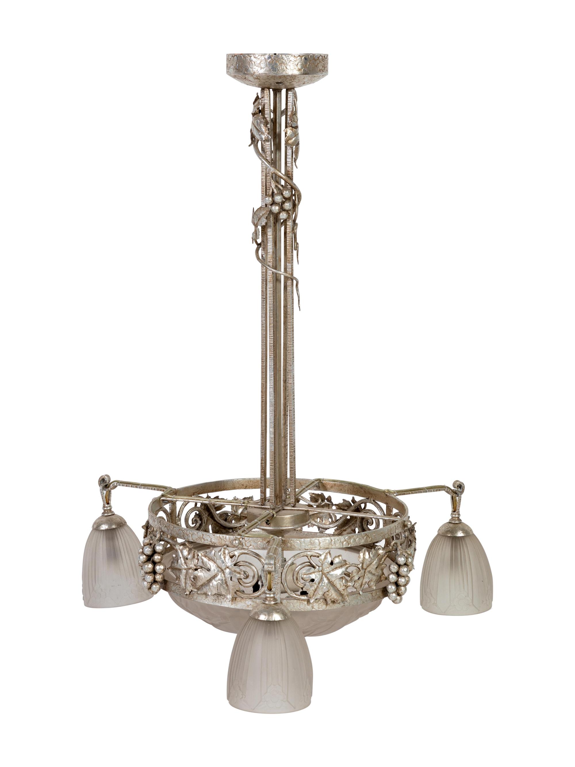 An Art Deco Bronze and Glass Chandelier