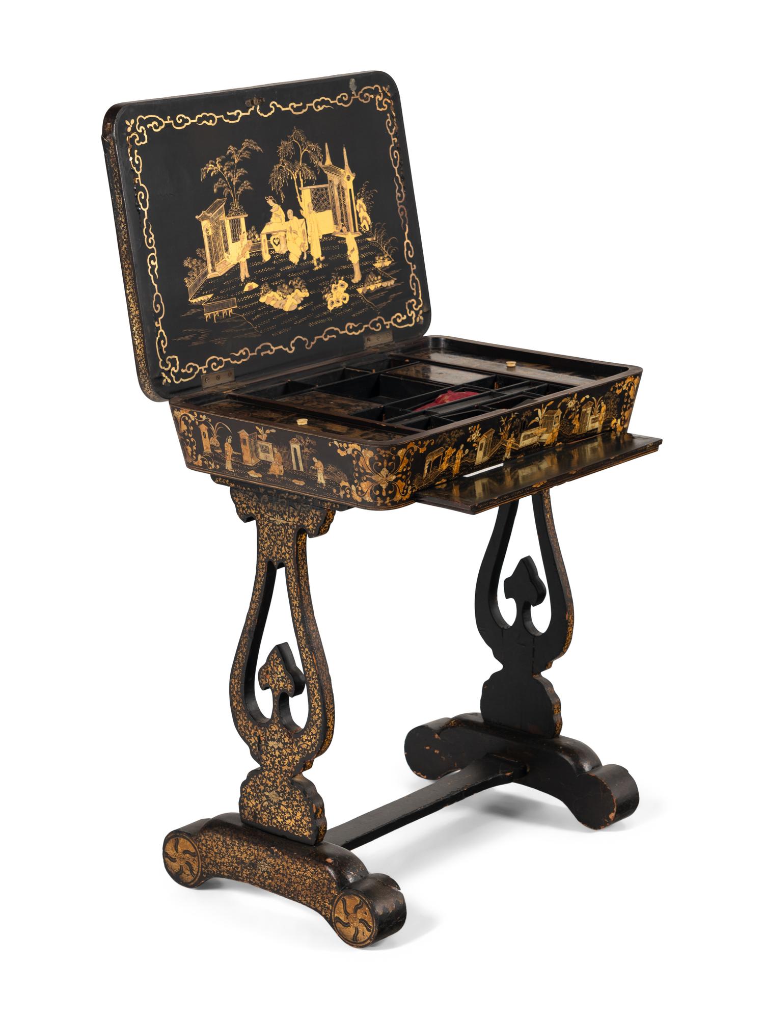 A Chinese Export Black Lacquer and Parcel Gilt Needlework Table